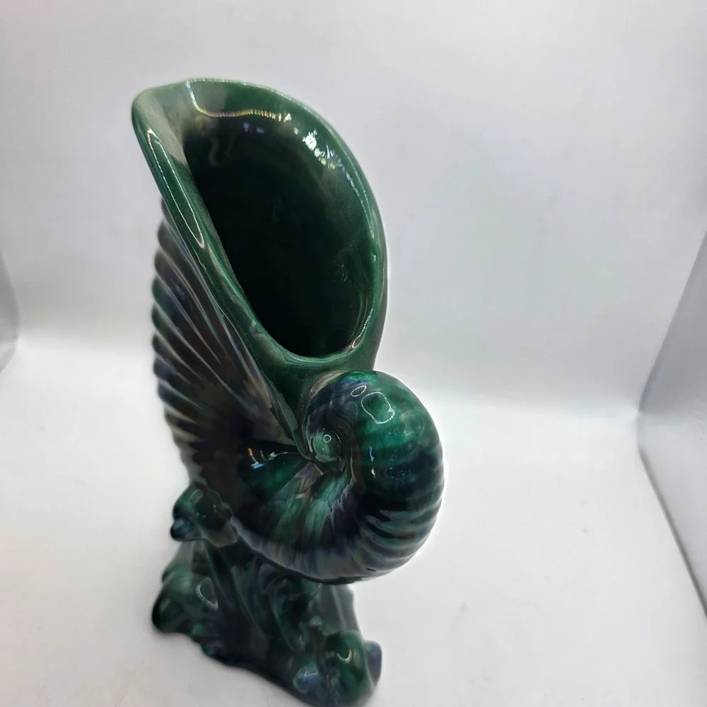Vintage Iridescent Green Nautilus Shell Vase Ceramic Luster Coastal Art Pottery
